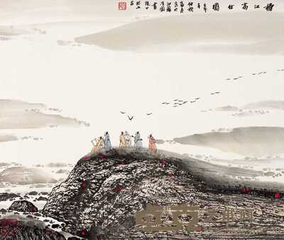 张良 壬午(2002年)作 秋江高士图 镜心 38×45.5cm